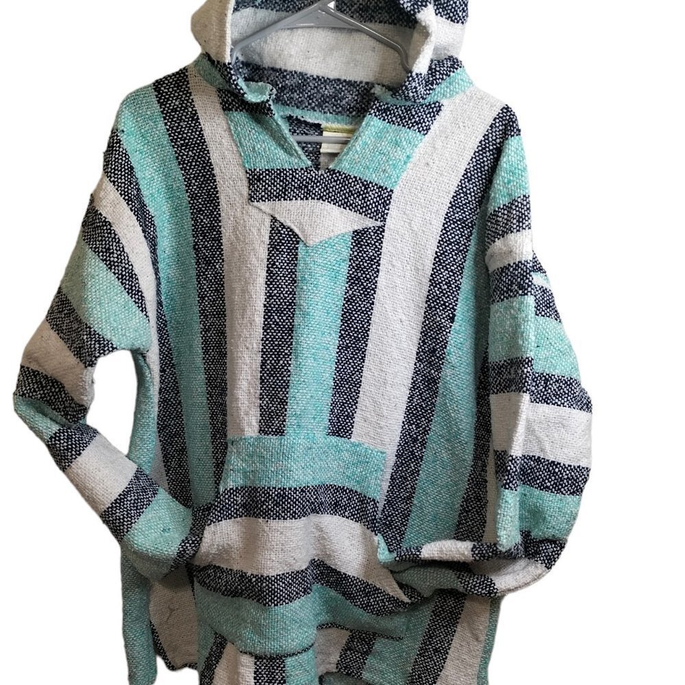 -772)Frank's Textiles Teal, Navy, White Baja Hoodie Size Large